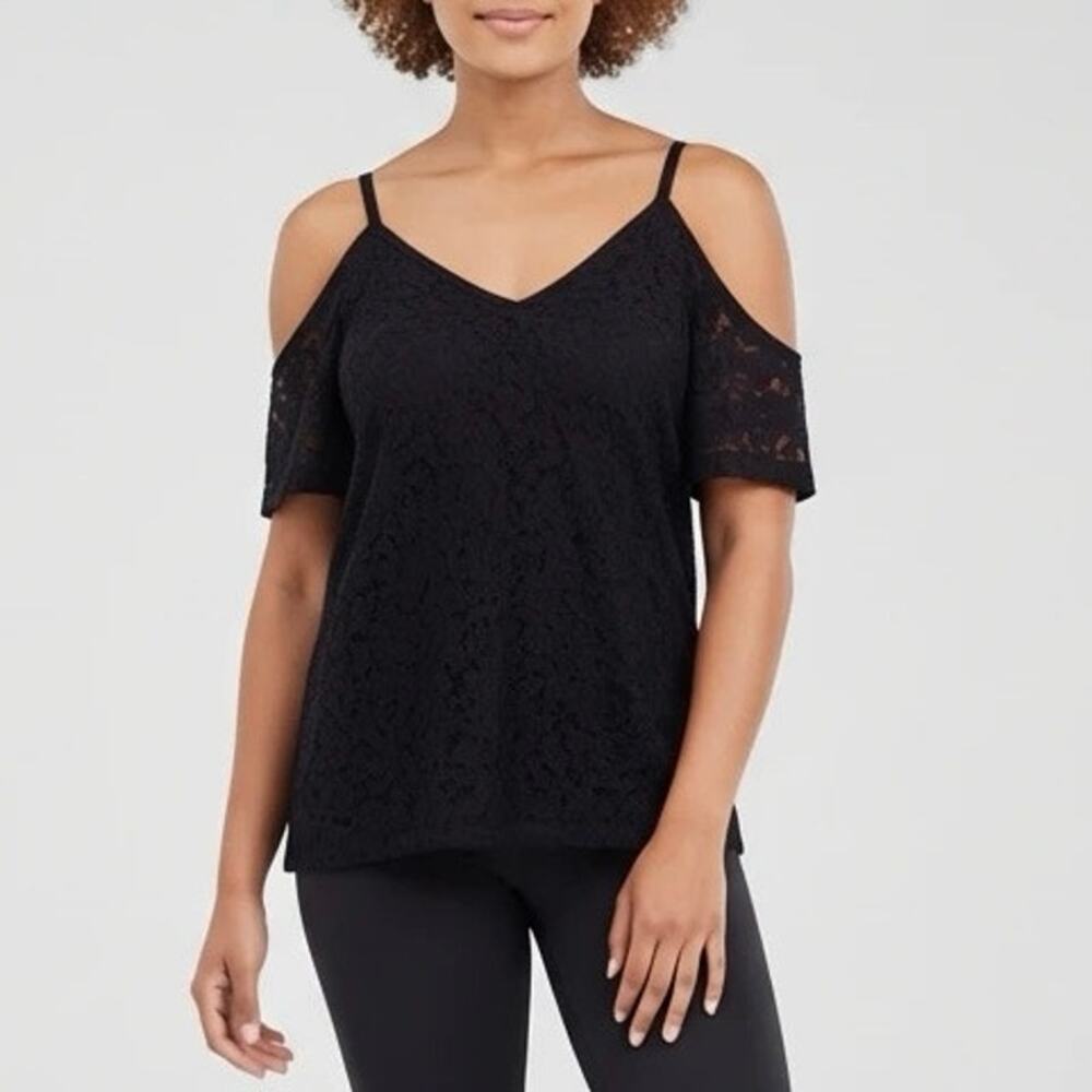 Design Lab Lord & Taylor Black Cold Shoulder Crochet Lace Top Womens Size XS